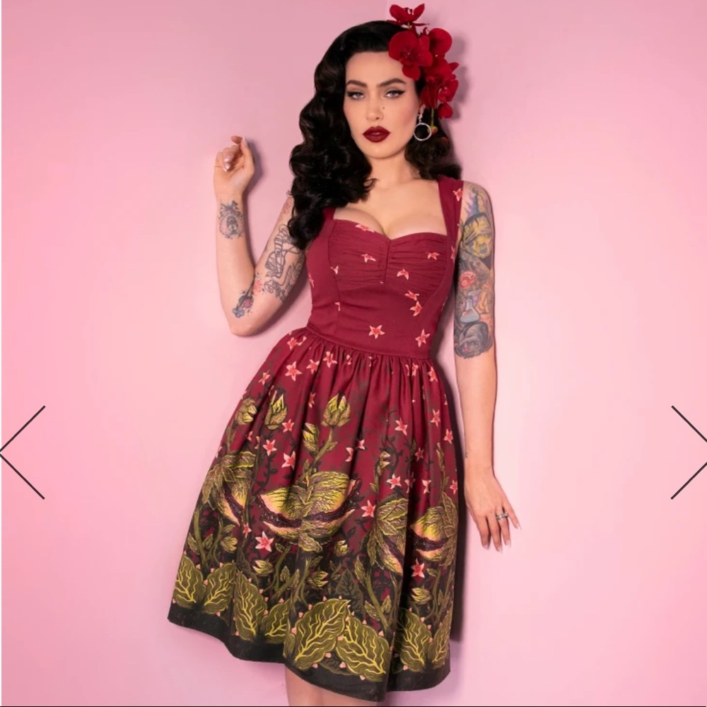 TROPICAL TERROR SWING DRESS IN MANEATING MONSTER PRINT VIXEN BY MICHELINE PITT